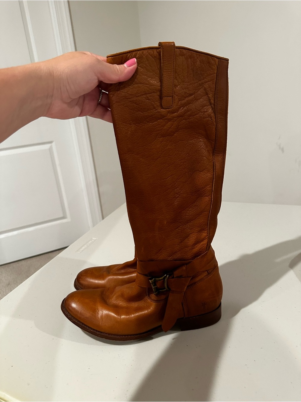 Frye Cognac Tan Leather Tall Riding Boots Knotted Ankle Strap Size 8
